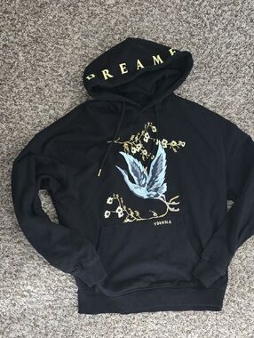 YoungLA Black Hoodie with Blue Bird & Gold Floral Accents